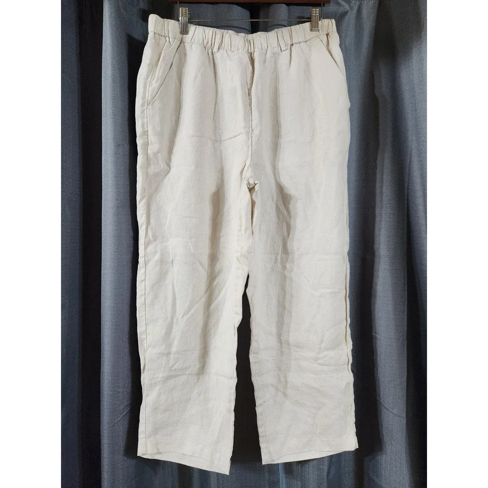 Quince Womens European Linen Straight Leg Pants Oatmeal Beige Large JDA01